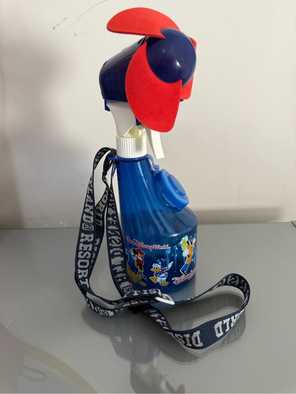 Disney Blue Kids Spray Fan Bottle with Red Blades and Lanyard